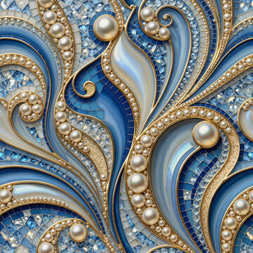 Luxury Blue Swirl Pattern with Pearls, Gold Filigree and Mosaic Texture