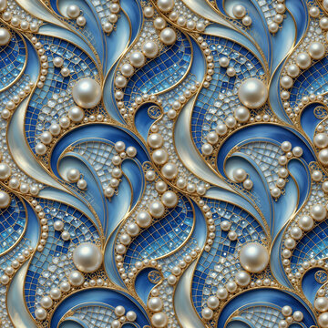 Luxury Blue Swirl Pattern with Pearls, Gold Filigree and Mosaic Texture