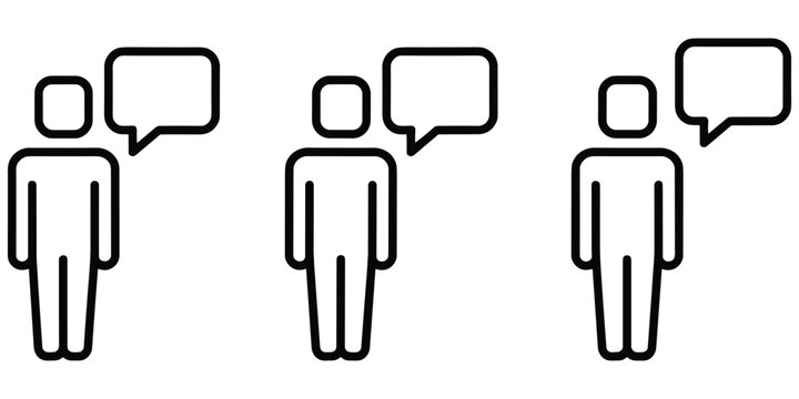 Three simple line icons of human figures with speech bubbles, representing communication, conversation, dialogue, social interaction, and exchange of ideas or information