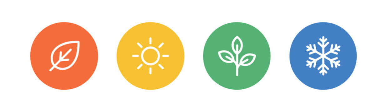 Four Seasons Icons. A set of four colorful circular icons representing the four seasons: autumn leaf, summer sun, spring growth, and winter snowflake.