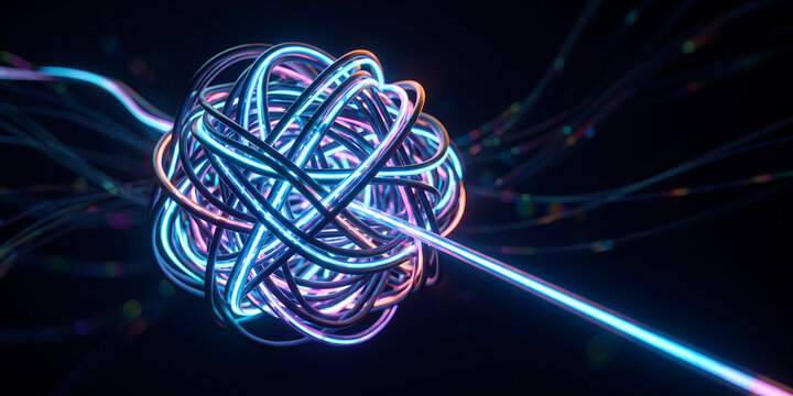 Intricate tangle of glowing neon wires forming spherical shape with radiating light suggesting technology and data transfer.