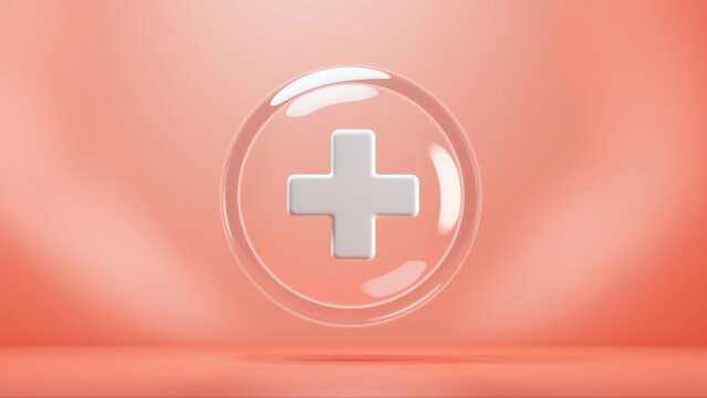 Medical symbol, white plus sign inside transparent bubble. Soft pink background creates gentle visual effect. Simple design.