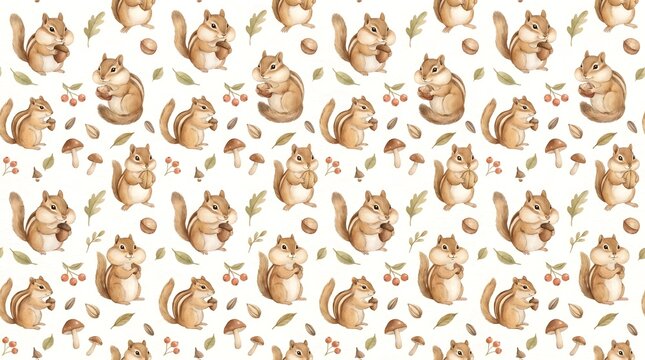 Seamless pattern of watercolor chipmunks holding nuts on a white background