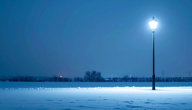 Glowing Street Lamp Standing Alone on Snowy Plain at Blue Winter Night solitude concept