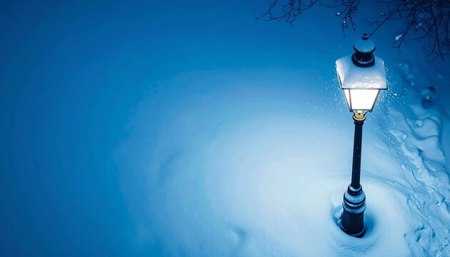 Snow Covered Street Lamp Glowing in Deep Blue Winter Night Landscape
