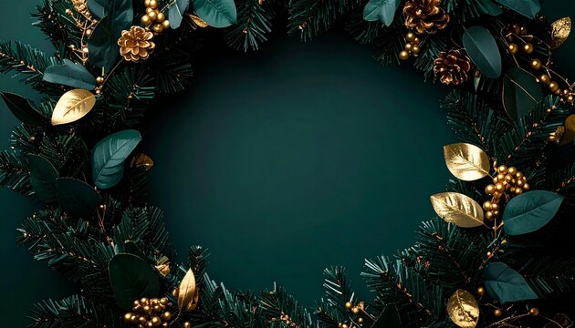 Luxury Christmas Wreath with Gold Accents and Pine Cones on Dark Green Background
