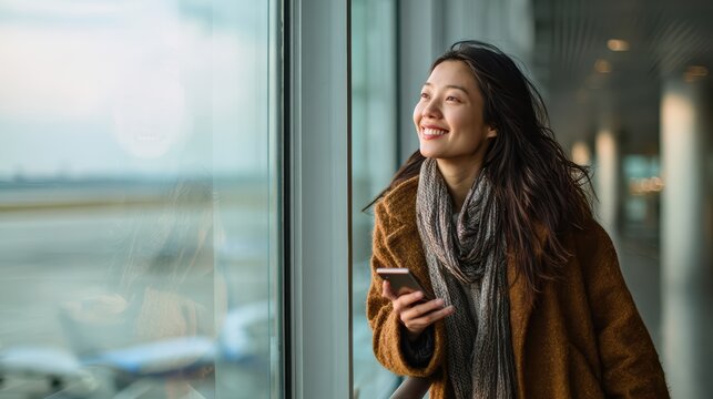 Asian woman standing by airport windows, holding smartphone, looking happy and relaxed 