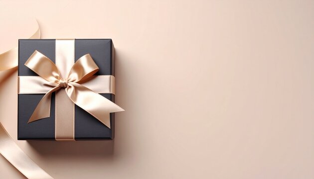 Elegant Navy Gift Box with Gold Satin Ribbon Bow on Beige Background Corporate Gift Concept