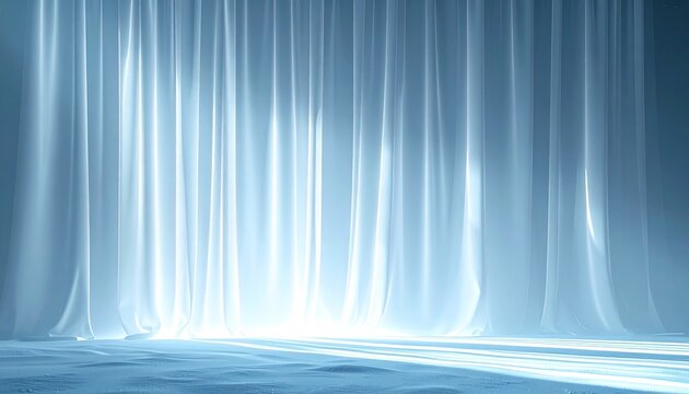 Glowing White Curtains on Stage with Soft Blue Light Winter Fantasy Background