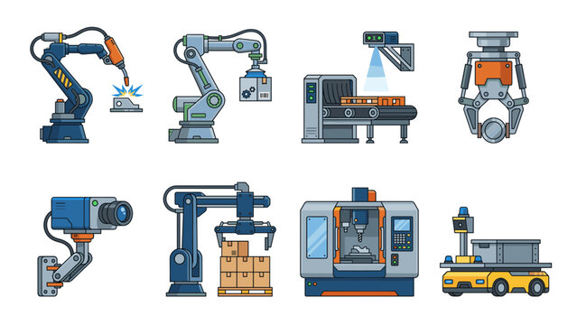 Industrial Robotic Automation Machinery and Smart Factory Technology Vector Collection