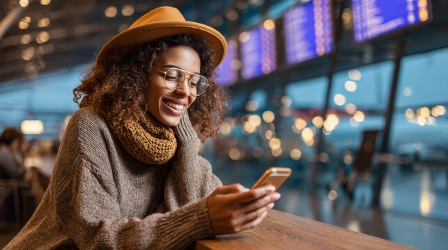 Black woman traveler at airport lounge, looking at smartphone with excitement and smiling