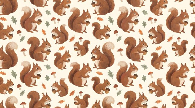 Seamless pattern of cute squirrels holding acorns on a light background