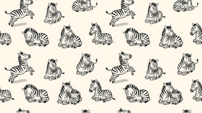 Seamless repeating pattern of cute hand drawn zebras on a cream background