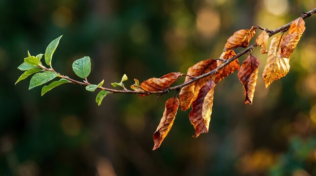 Branch with transition from green to brown autumn leaves