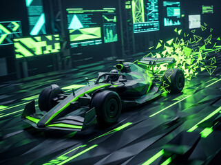 Obraz premium formula 1 racing car with bright green neon pixels and geometric particles races through a virtual track surface