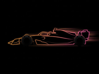 Fototapeta premium formula 1 racing car rendered as neon outline silhouette with glowing pink and orange speed lines on solid black background