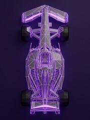 Fototapeta premium formula 1 racing car top view presented as purple 3d wireframe polygon mesh model on dark gradient background