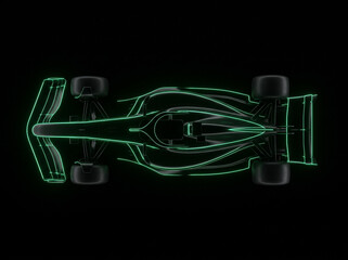 Fototapeta premium formula 1 racing car top view featuring green neon glowing body outlines on dark background in futuristic style