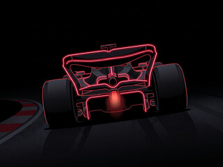 Obraz premium red neon formula one racing car on racing track rear view with glowing red outlines sports car develops high speed in motorsport competition on professional circuit track