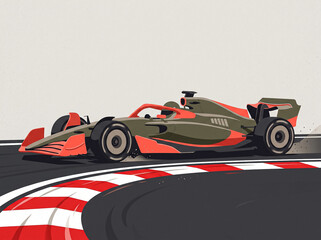 Fototapeta premium red grey formula one racing car dynamically rushes along track turn with red white curb stylish vector illustration of motorsport and high speed of sports car on circuit race