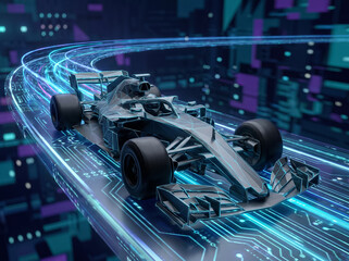 Fototapeta premium 3d futuristic formula one racing car rushes along digital virtual track of neon lines high tech sports car and motorsport of advanced future in virtual championship competition