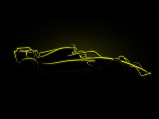 Fototapeta premium neon yellow outline of formula one racing car on black background side view minimalist glowing abstraction of sports car and high speed of professional motorsport tournament