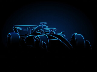 Fototapeta premium neon blue outline of formula one racing car on dark background silhouette of sports car front side view glowing abstraction of speed and modern professional motorsport championship