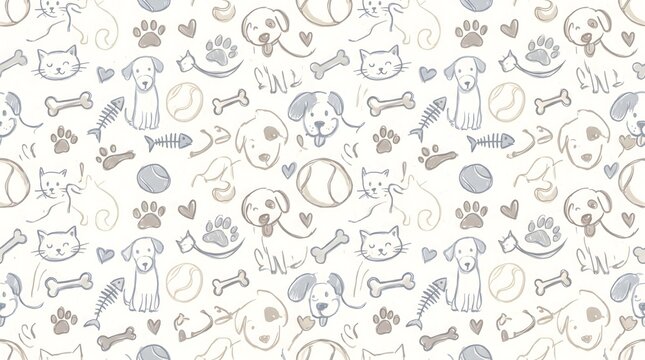 Seamless pattern of hand drawn pet doodles featuring dogs and cats on white