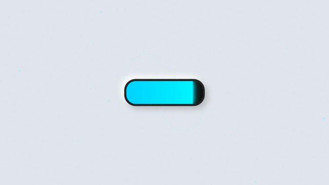 A thick, glossy black pill-shaped progress bar fills up with a vibrant, glowing cyan blue color and then empties, set against a white background featuring a subtle dot grid pattern.