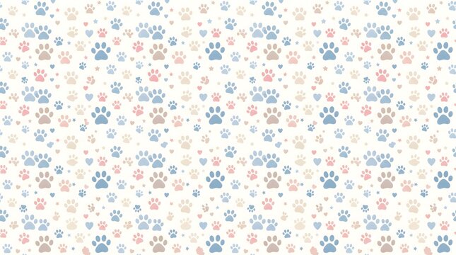 Seamless repeating pattern of colorful animal paw prints on white background
