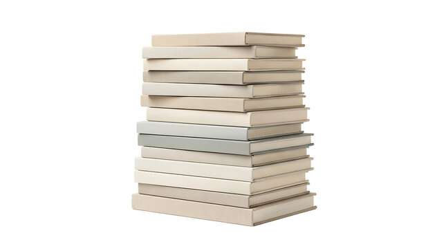 A tall vertical stack of books with neutral colored covers arranged neatly on a plain white background, showcasing a soft and calm aesthetic