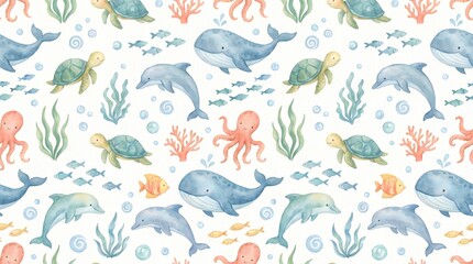 Obraz premium Seamless pattern of watercolor ocean animals including whales and turtles