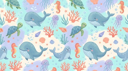 Fototapeta premium Seamless pattern of cute ocean animals with whales and turtles on light blue