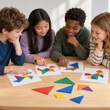 Children arranging colorful tangram shapes at a table