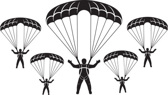 Skydivers with parachutes a black and white vector illustration