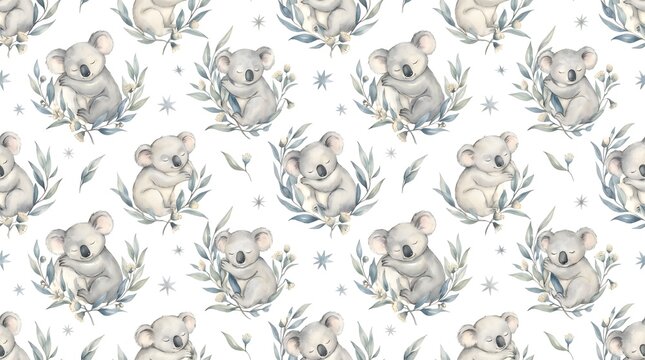 Seamless pattern with watercolor koalas and eucalyptus leaves on white