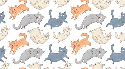 Obraz premium Seamless pattern of cute cartoon cats in various playful poses on white