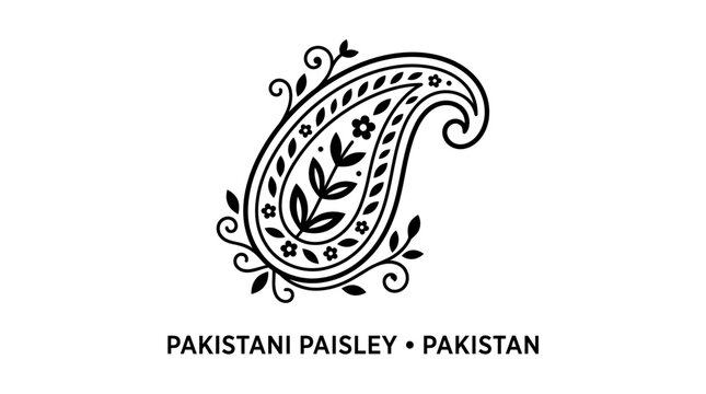 Very beautiful black and white vector motif of a Pakistani paisley featuring simple leaves, tiny flowers and clean traditional ornamental linework. Label: "PAKISTANI PAISLEY &bull; PAKISTAN" no gradient, w