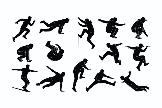 Parkour and freerunning silhouettes set young men jumping vaulting flipping and landing in urban sports