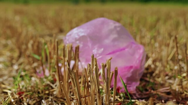 A pink plastic bag lies discarded in dry field stubble under bright daylight, captured in a low-angle close-up shot showing environmental pollution.
