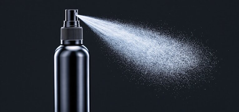 Close-up of fine aerosol mist spraying from a bottle against a dark background with soft lighting.