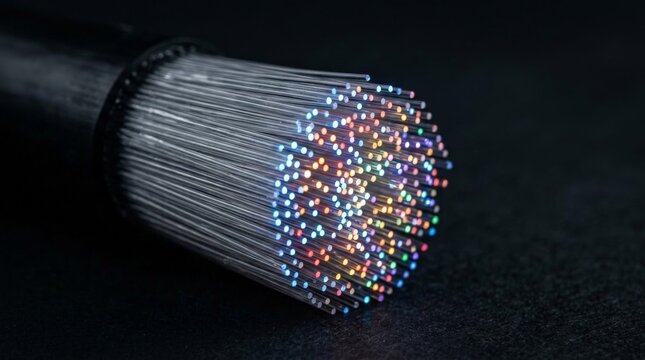 A close up view of a glowing bundle of fiber optic cables emerging from a dark protective casing, illuminated with bright blue, orange, and purple light against a black background