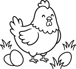 Fototapeta premium Cute hen chicken with eggs on grass coloring page for kids vector