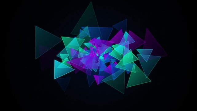 Abstract geometric triangles flowing dynamic motion colorful neon glow overlay dark background