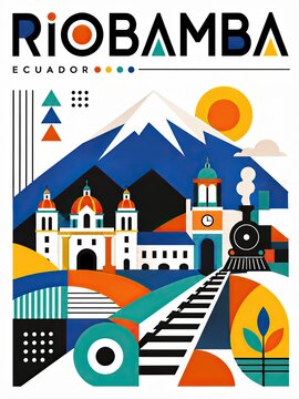Colorful geometric illustration of Riobamba, Ecuador featuring mountain scenery, churches, a steam locomotive, railway tracks, and stylized city landmarks.