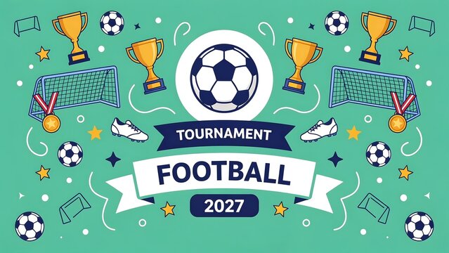 Football tournament 2027 banner with soccer ball trophies and sport elements for championship competition event promotion design