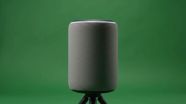 Smart speaker with gray fabric texture on black tripod, isolated against a bright green screen background, modern technology for audio and voice commands, commercial product shot