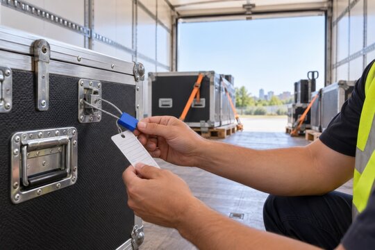 Worker attaching a tag to an equipment transport case