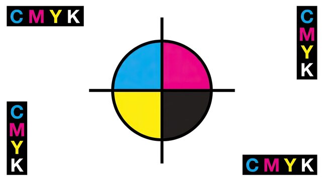 CMYK color test pattern with registration marks, professional printing calibration chart, offset press alignment guide