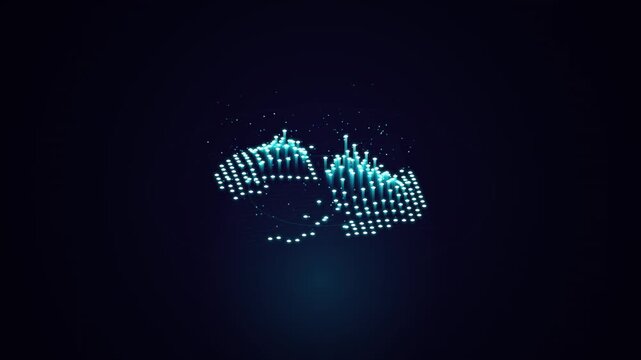 Procedural 3D holographic terrain with glowing neon magenta wireframe peaks, vertical telemetry streams, and floating digital data. Seamless motion graphic loop ideal for cryptocurrency, fintech analy
